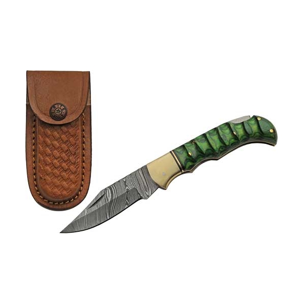 Szco Rite Edge 3" Green - Grooved Wood Damascus Lockback