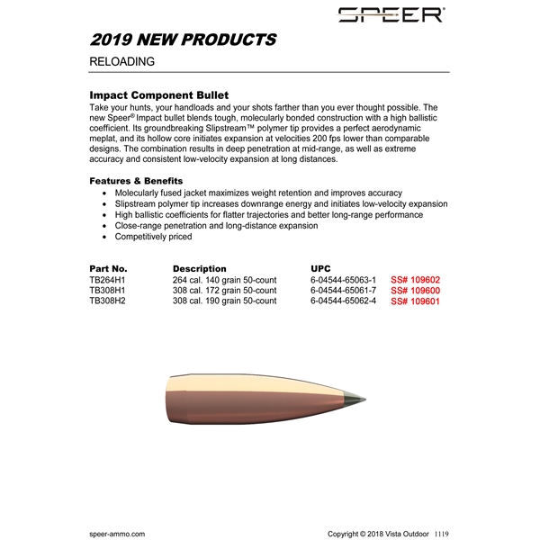 Speer Bullets Impact, Speer Tb308h2 Bull .308 180 Tipped Plated Cb    50