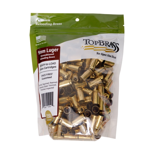 Top Brass Once Fired Unprimed - Brass 9mm 250ct Pouch